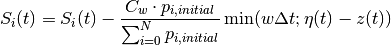 S_i(t) = S_i(t) - \frac{C_w \cdot p_{i,initial}}{\sum_{i=0}^N{p_{i,initial}}} \min( w \Delta t ; \eta(t) - z(t) )